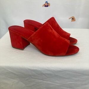 Red suede slides, size 8